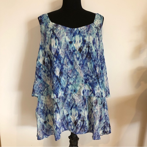Plus size XXXL Blue Illusion vibrant aqua blue layered ruffle blouse - Picture 2 of 5